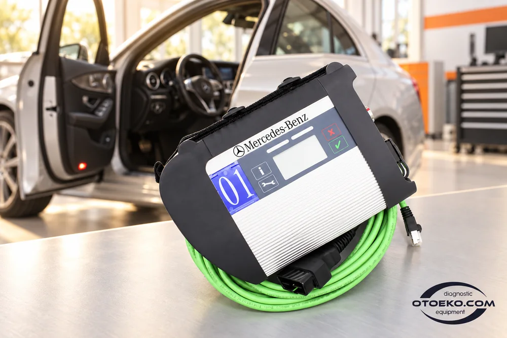 Mercedes C4 DoIP interface and cables presented for diagnostic preparation beside a vehicle.